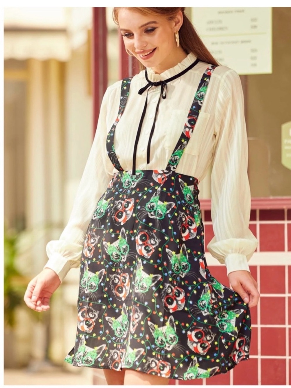 Modcloth Black Multicolor Christmas skirt with suspenders